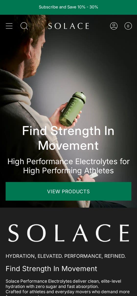 Solace Performance homepage on a mobile screen, with the wordmark, hero photography and product navigation scaled for a phone.