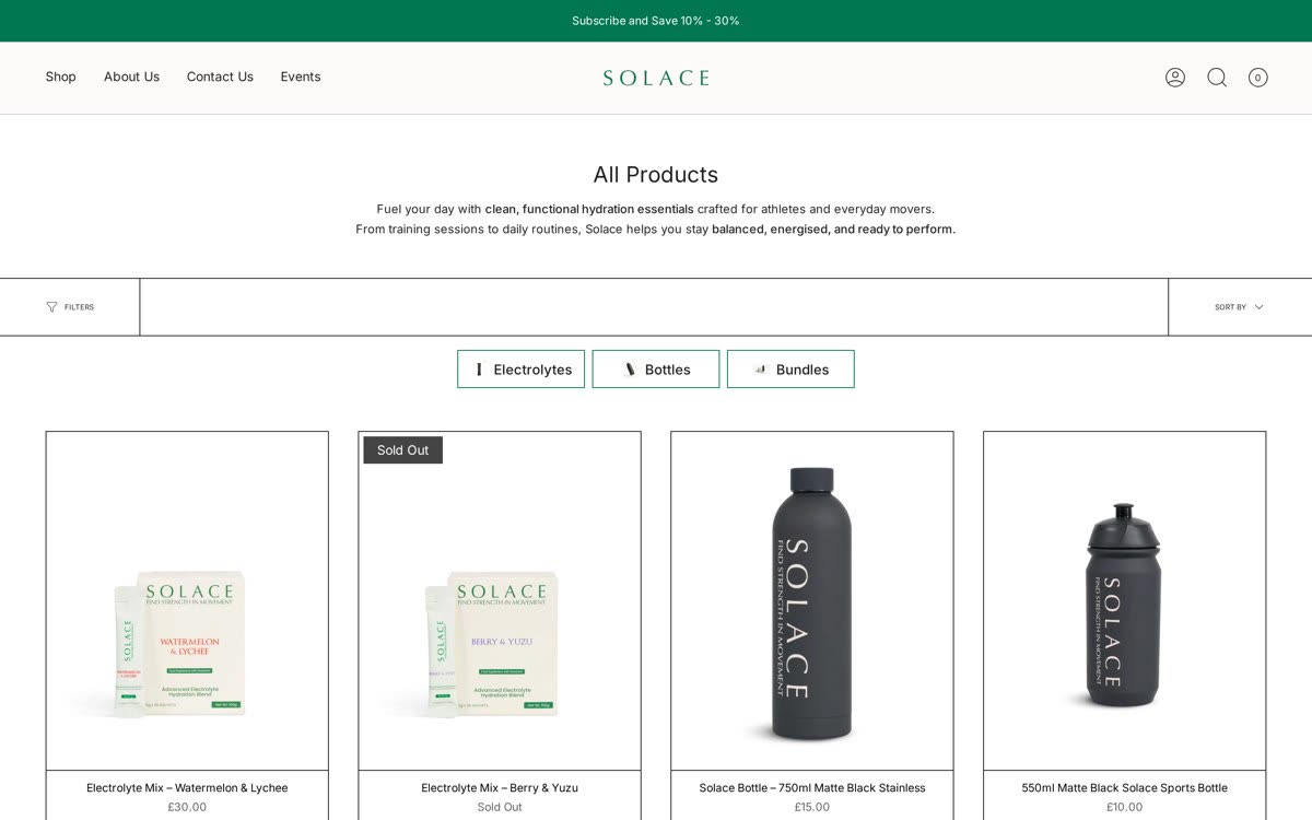 Solace Performance All Products page showing electrolyte sachet cartons and matte black Solace bottles in a clean four-column grid with prices and category filters.