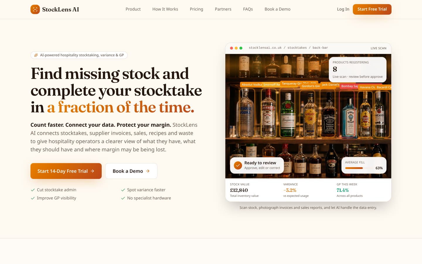 StockLens AI homepage on desktop: the headline 'Find missing stock and complete your stocktake in a fraction of the time' beside a product mockup of a live back-bar shelf scan showing stock value, variance and GP figures.