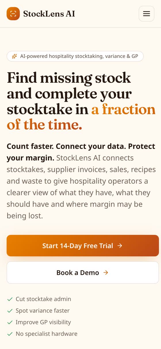 StockLens AI website on a mobile screen, with the product headline and stocktaking interface scaled for a phone.